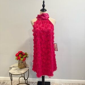 Eliza J Fuchsia Pink 3D Flowers Floral High Back Tie Neck Sleeveless Mini Dress